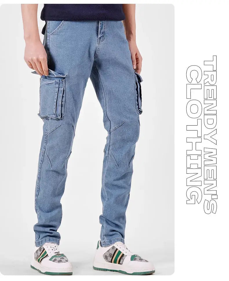 Men's cargo denim pants by Simples Market; light blue washed denim with multiple pockets and slim fit.