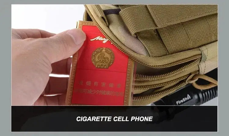 Tactical leg bag by Simples Market in tan with MOLLE straps; pocket holds cigarette pack and cell phone.