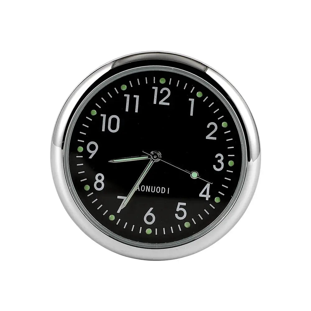 Car clock luminous auto ornament; round chrome dashboard clock with black dial