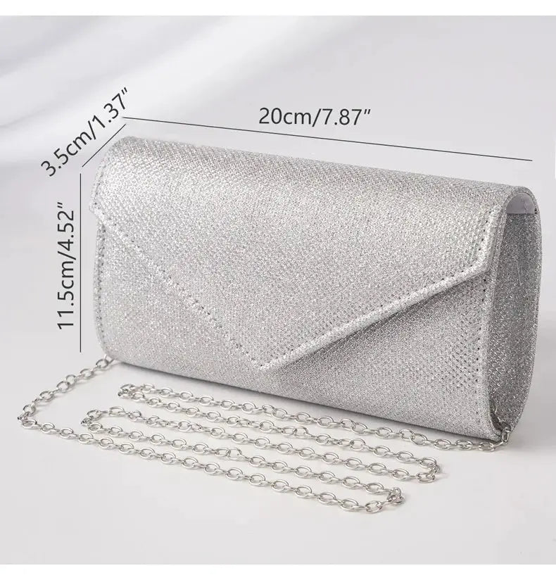 Women silver glitter envelope evening bag with chain shoulder strap, clutch for wedding party