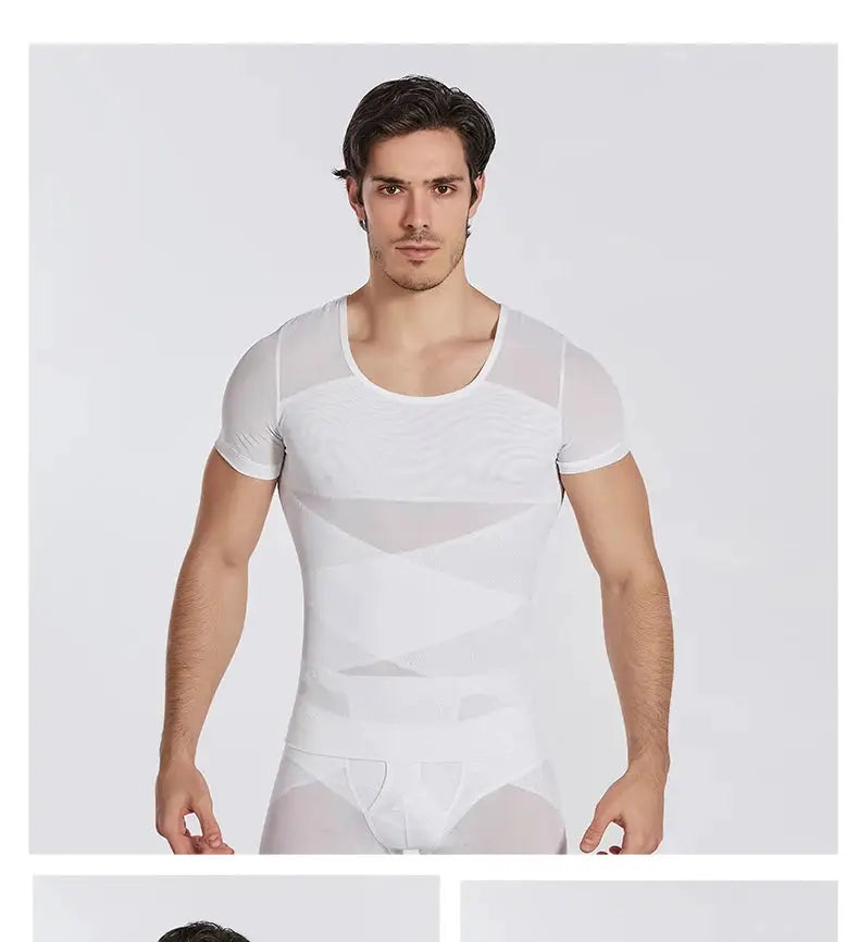 Mens white mesh compression undershirt body shaper with short sleeves and tummy control by Simples Market