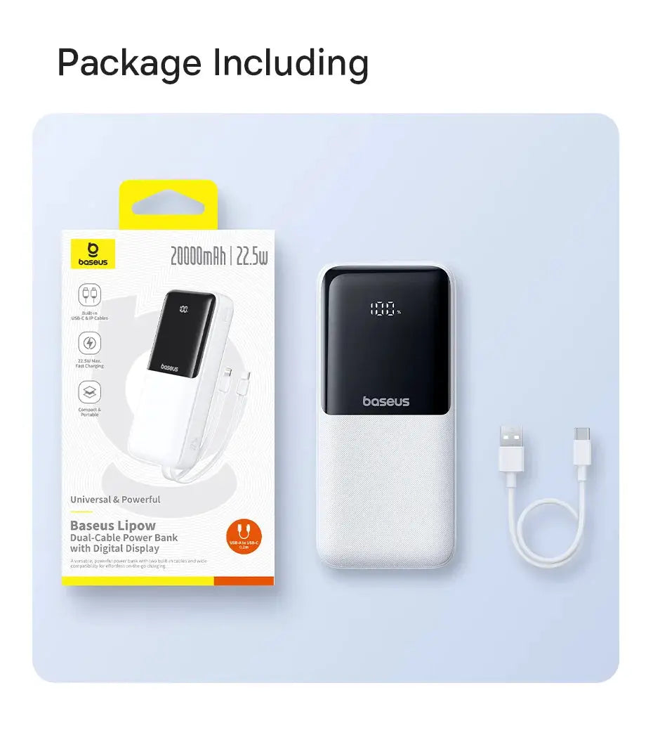 Baseus 20000mAh PD power bank with 22.5W fast charging, white with digital display and USB-C cable