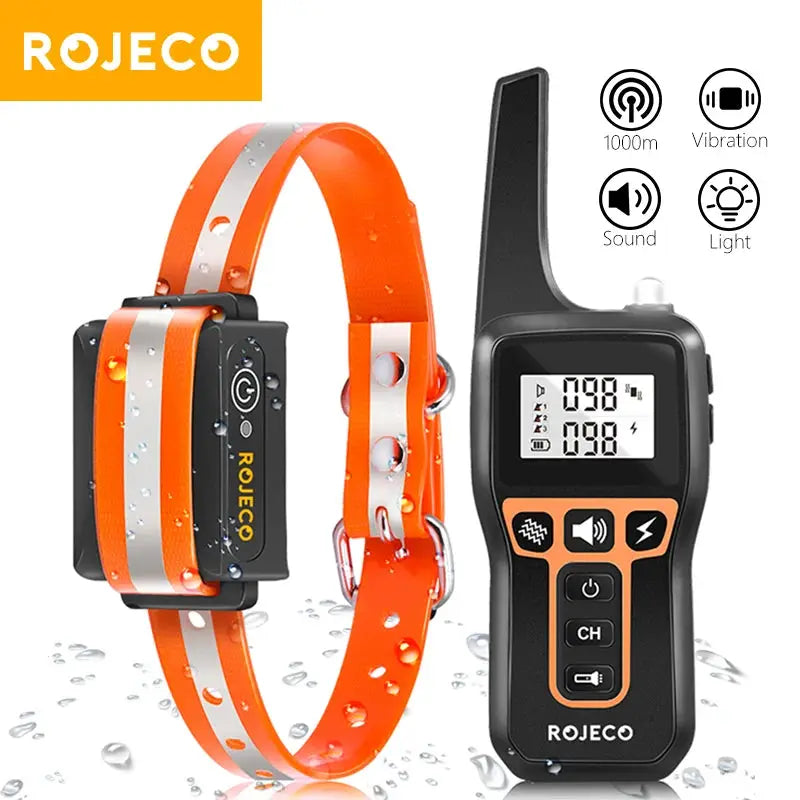 ROJECO 1000m Electric Dog Training Collar With Remote Control Waterproof Rechargeable Beep Vibration Shock 100 Levels