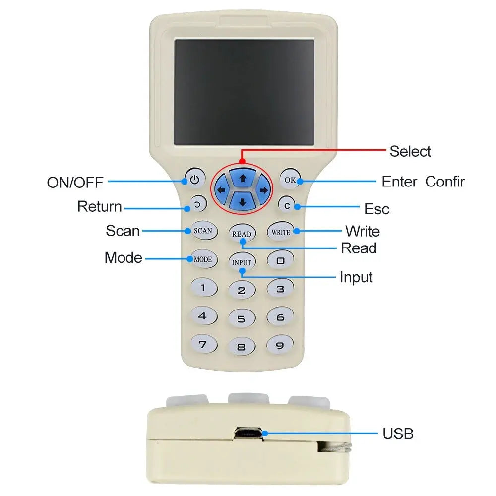 Simples Market NFC 10-frequency reader/writer handheld device, beige plastic, 125K/13.56MHz RFID copier USB
