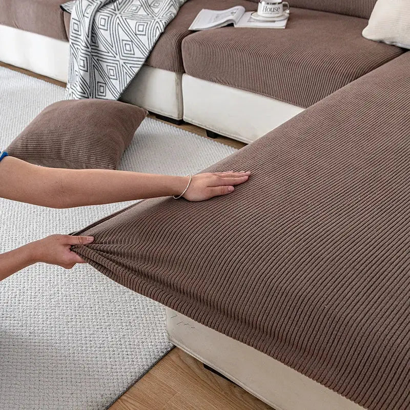 String plush sofa cushion cover by Simples Market, brown elastic protector for living room furniture and pets