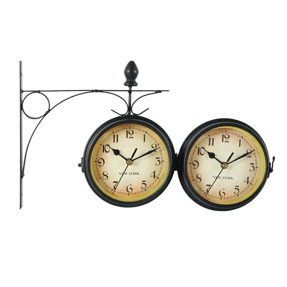 Simples Market double-sided wall clock on black metal bracket with antique beige dials