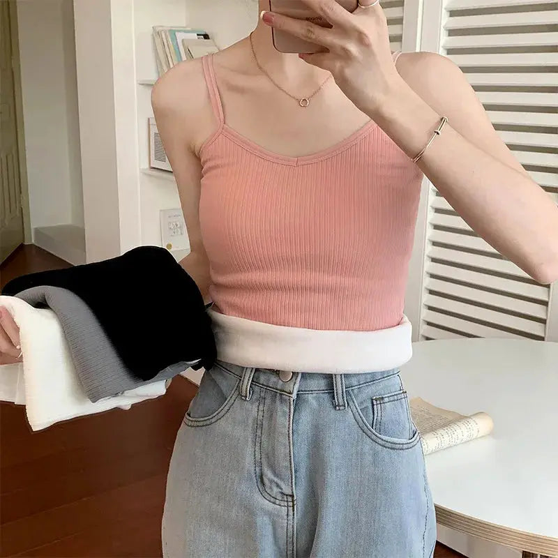 VelvetyLux Thermal Velvet Crop Top For Women Elastic Fit For Comfortable Layering Black Tank