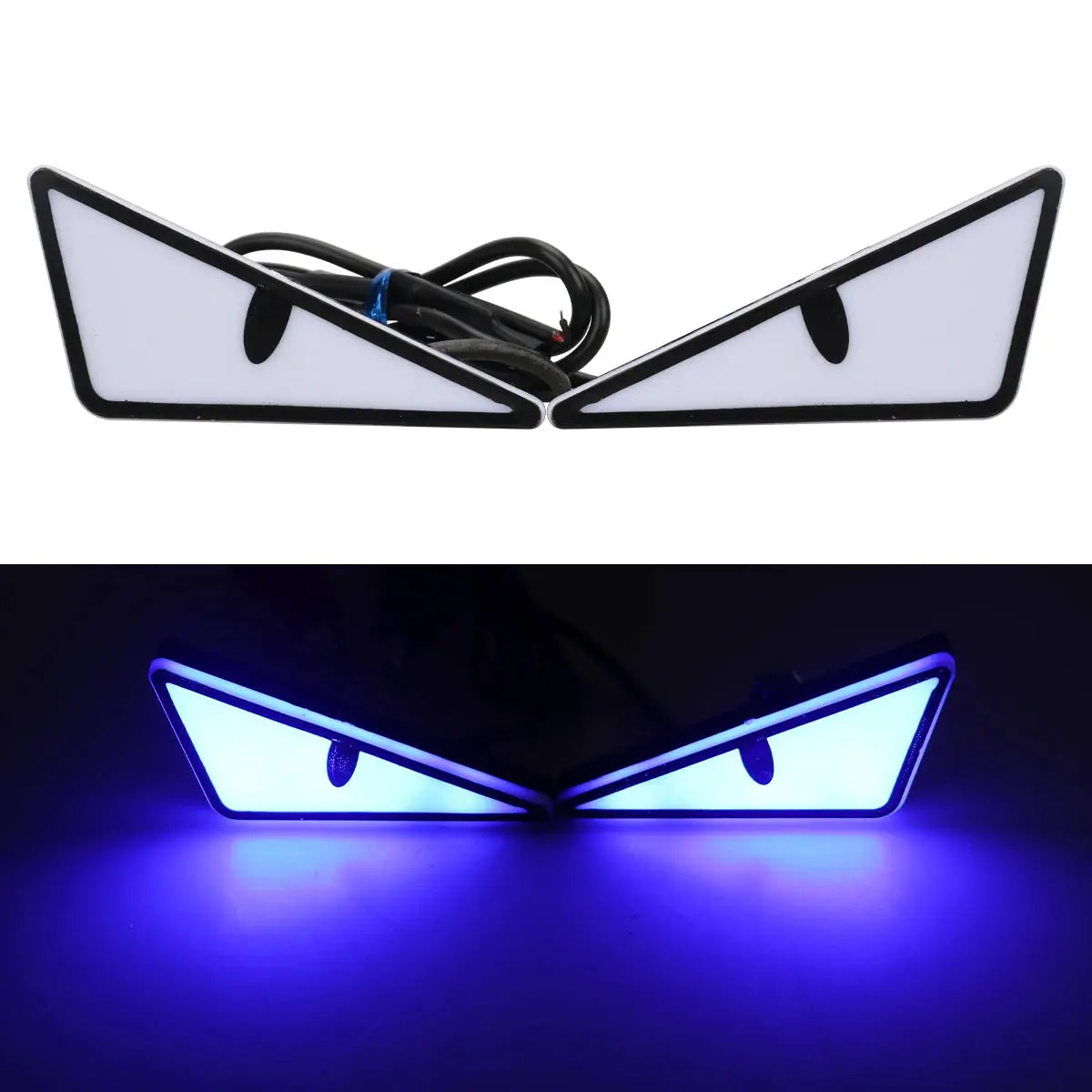 Simples Market universal car LED devil eye headlight pair with wiring harness, blue-lit demon eyes.