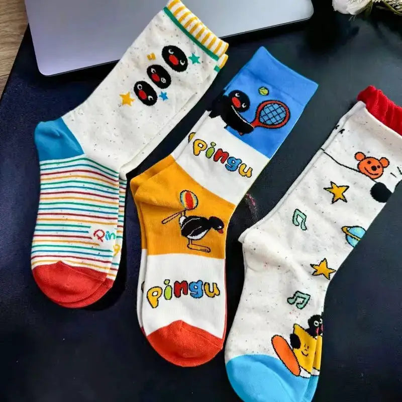 4 Pairs Pingu Medium Length Socks for Women Cartoon Style Breathable Soft Kawaii Girls Autumn Winter Fashion