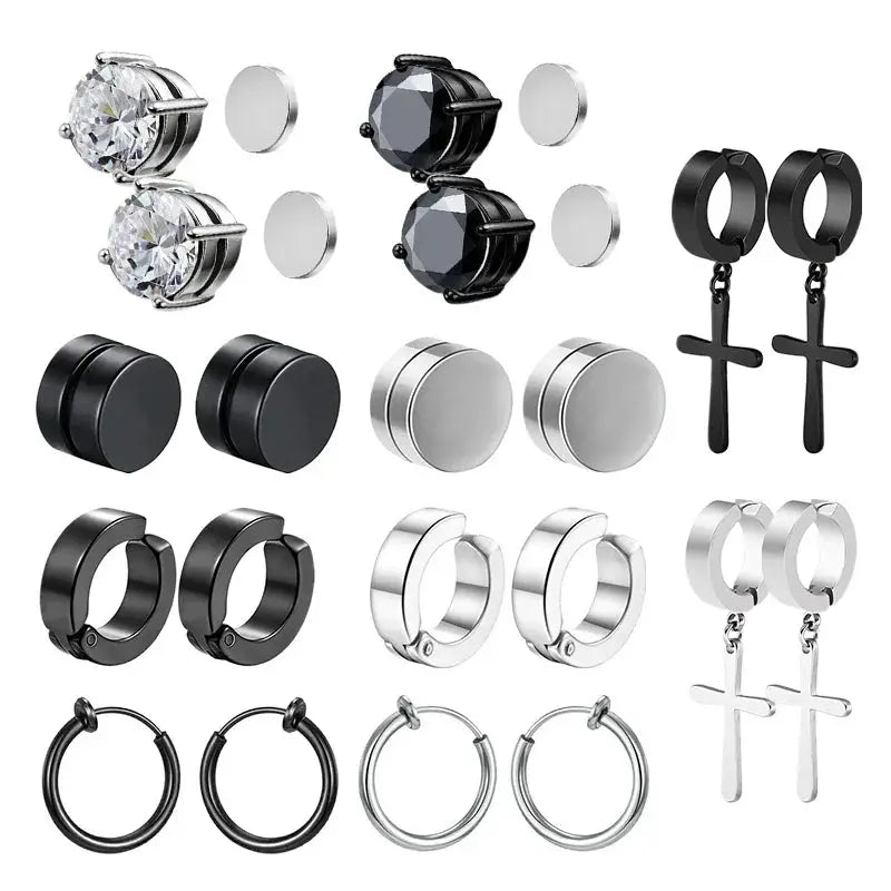 Crystal Magnetic Ear Stud Clip Earrings For Men And Women Unisex Non Piercing Punk Round Zircon Stainless Steel