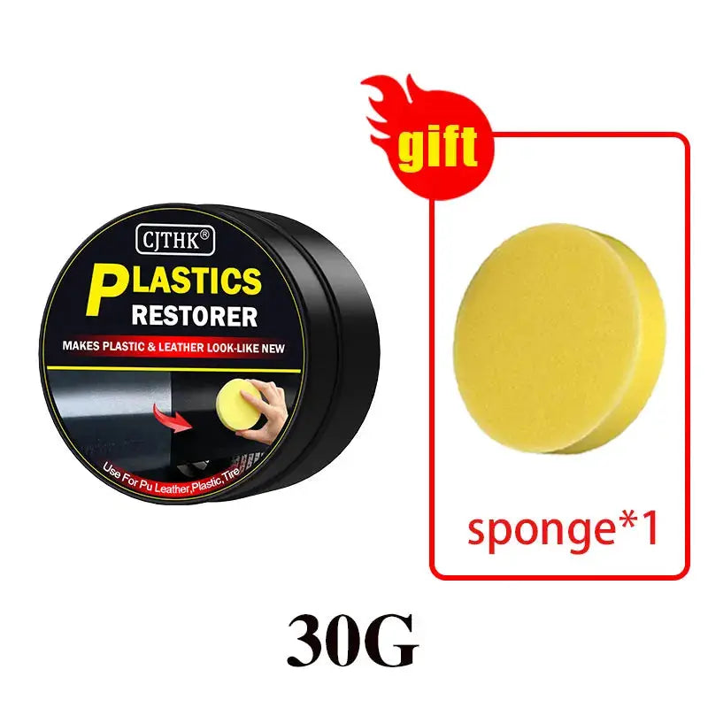 Car plastics restorer by Simples Market in round black container with yellow gift sponge, 30G