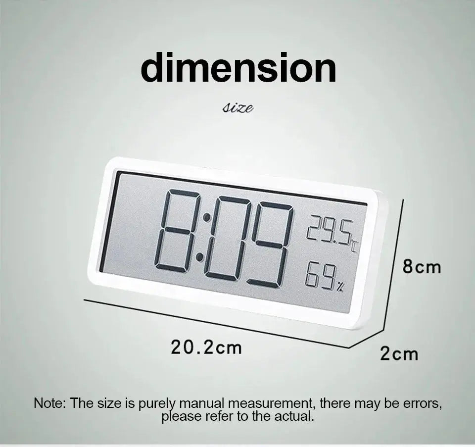 Simples Market LCD digital wall clock, white plastic frame with large time display and temperature and humidity readouts