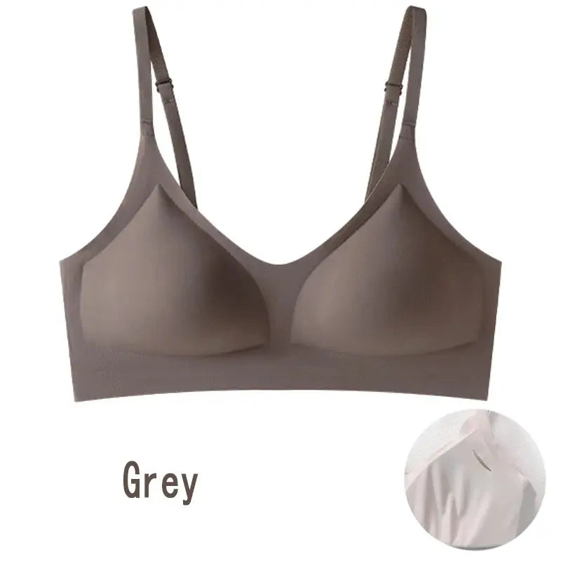 Simples Market grey seamless bra with molded cups, adjustable straps, and wide band.