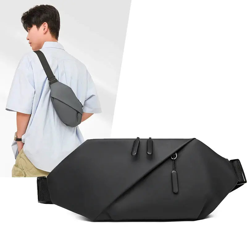 Men's minimalist waterproof waist bag by Simples Market in black with multiple zip pockets
