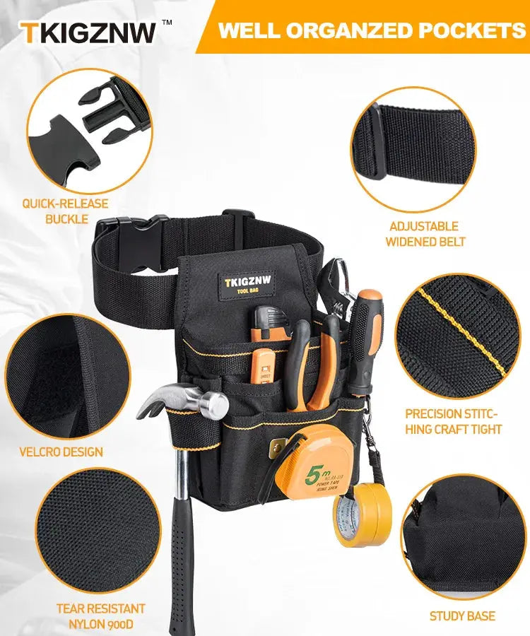 TKIGZNW tool belt pouch with organized pockets; black nylon, orange accents, Simples Market