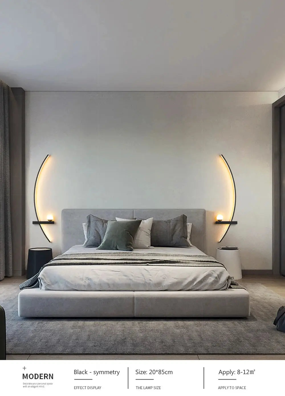 Two black curved LED wall lamps with warm light flanking a bed in a modern bedroom