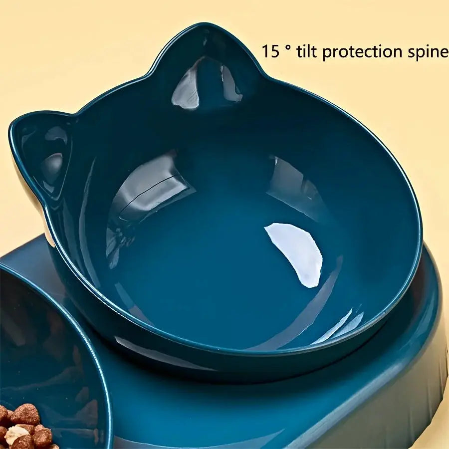 Teal cat bowls set with ear-shaped rims and gravity water feeder