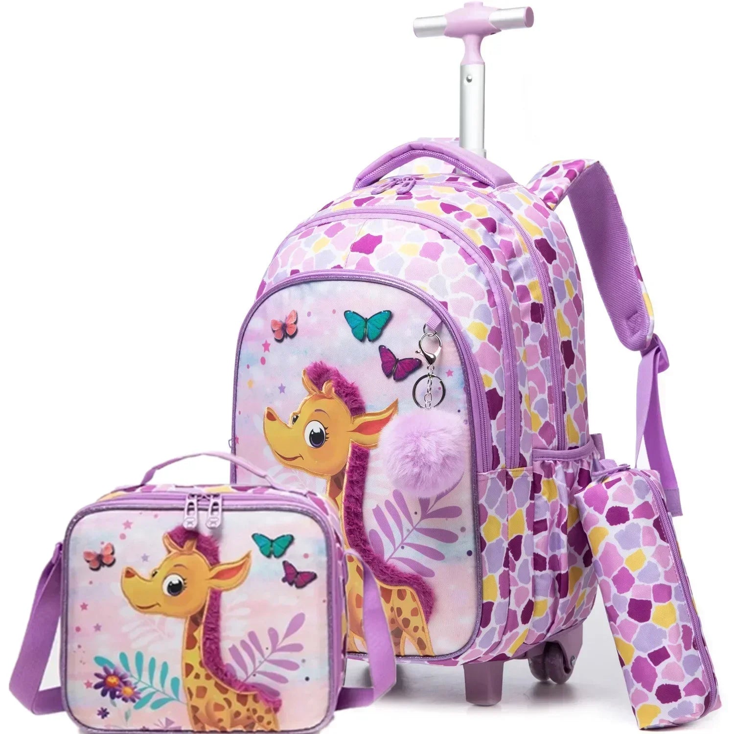 Two-piece kids rolling backpack and lunch box set by Simples Market in pink-purple giraffe print with wheels