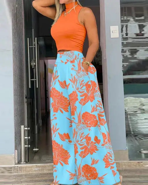 Summer Print Two Piece Set Women Sleeveless Tank Top Wide Leg Pants
