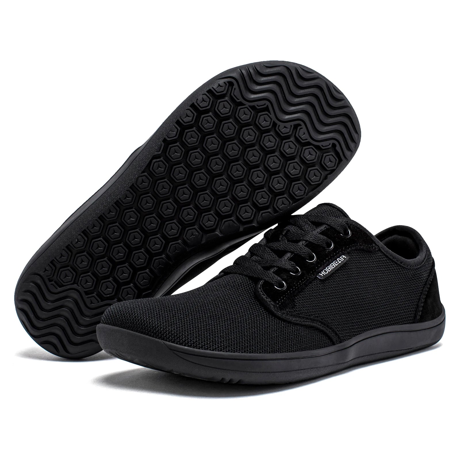 HOBIBEAR black minimalist barefoot sneakers with mesh upper and rubber sole; unisex wide width.