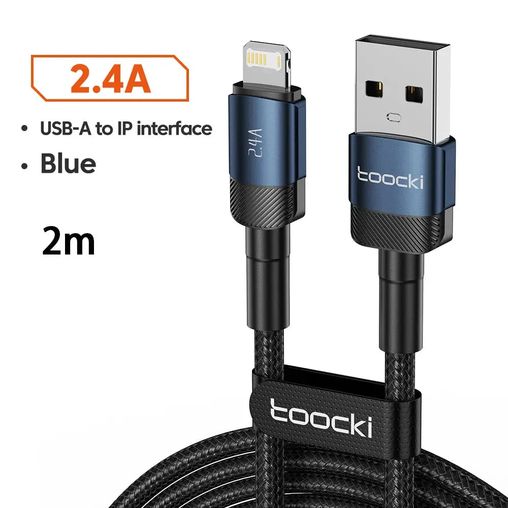 Toocki USB-A to Lightning iPhone cable, blue aluminum connectors, braided 2m, 2.4A fast charging.