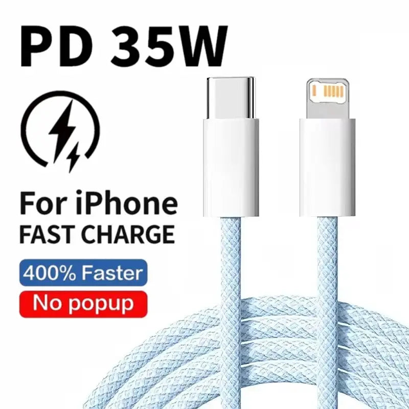 Braided USB C to Lightning Cable 35W PD Fast Charging for iPhone 7 to 14 Pro Max 1m 2m