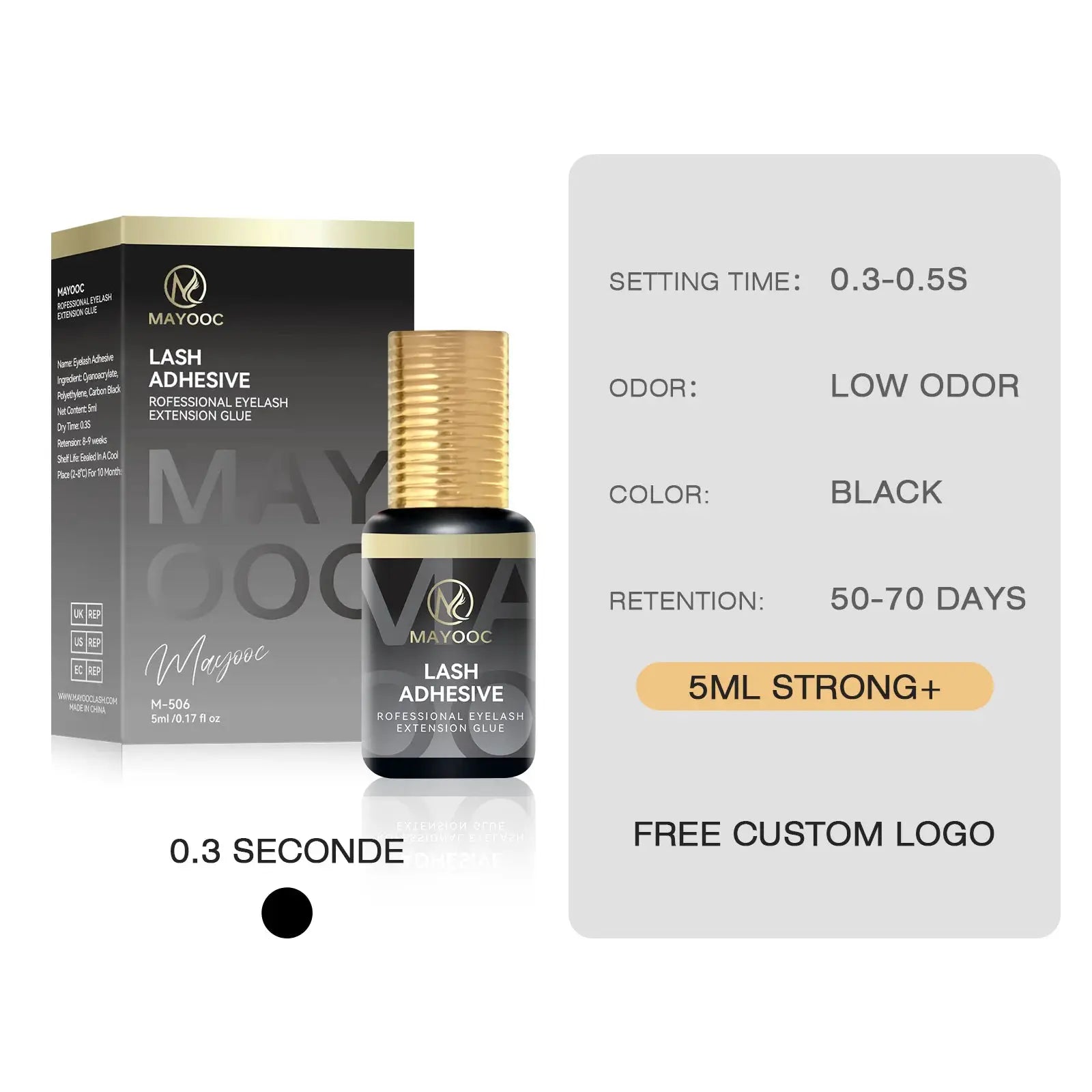 Mayooc 0.3 Sec Eyelash Extension Glue Fast Dry Lash Adhesive for Individual Lashes Sensitive Eyes Black Strong Bond