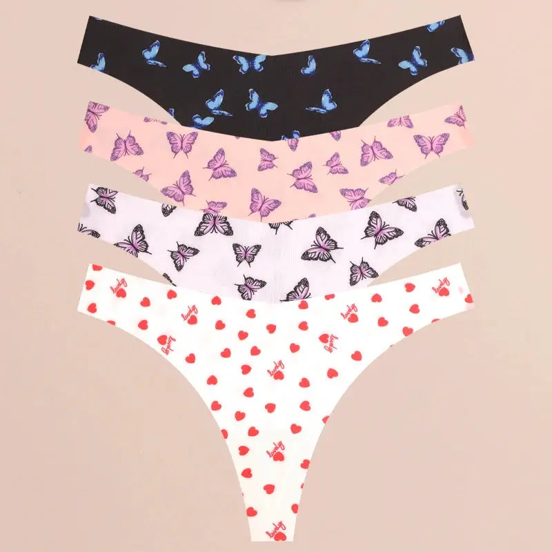 FINETOO 4Pcs women's seamless thong set in butterfly and heart prints by Simples Market