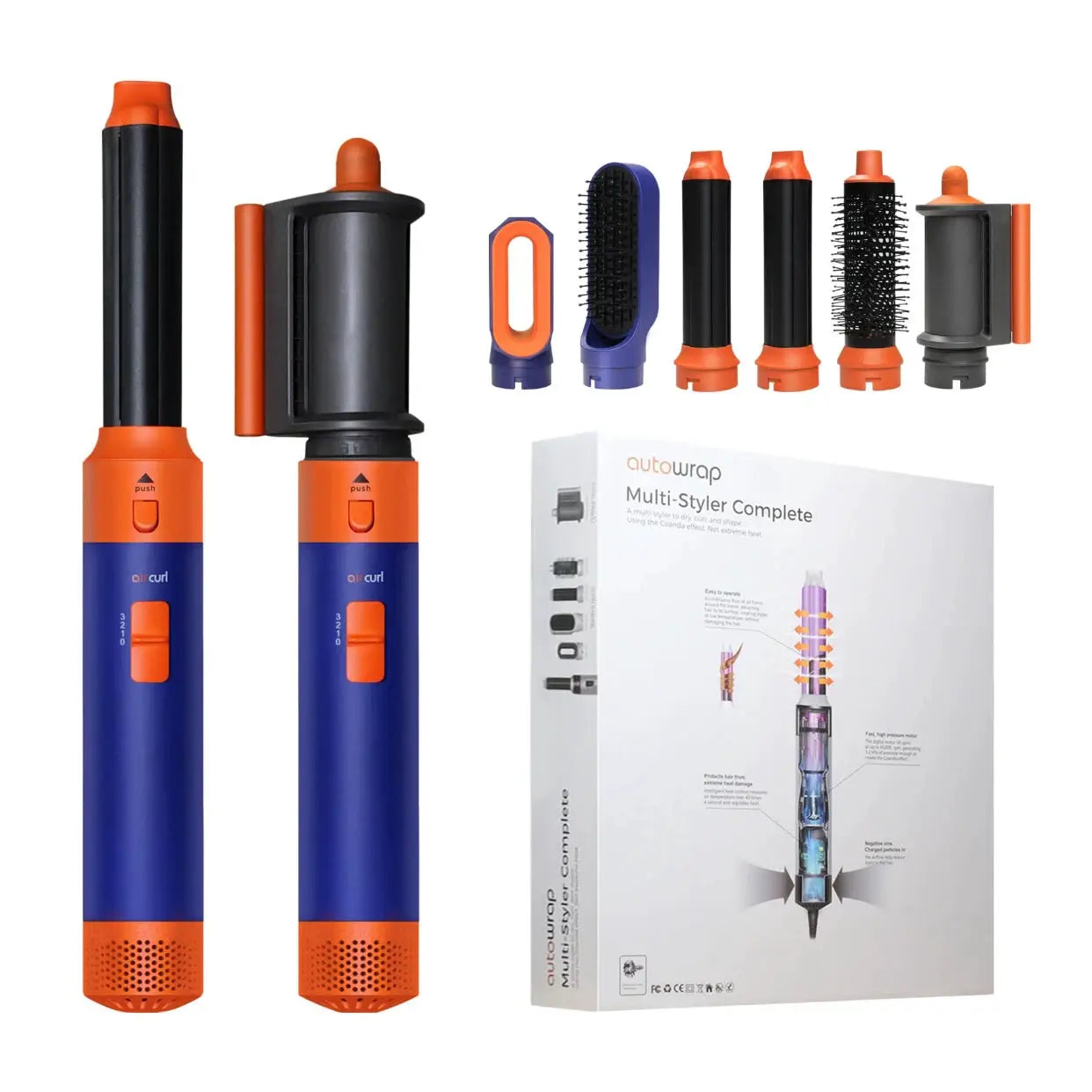 Simples Market 6-in-1 hair dryer multi-styler with brush, curling iron and straightener, blue/orange