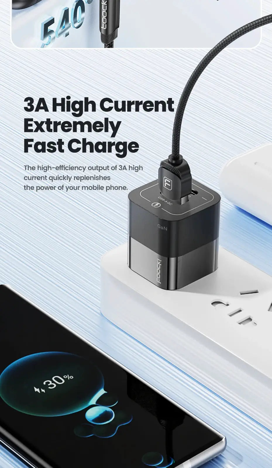Toocki 540 rotate magnetic USB-C charging cable with braided black cord and magnetic adapter plugged into a power strip