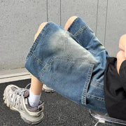 Simples Market baggy denim shorts with blue vintage wash and patchwork panels, men's casual streetwear