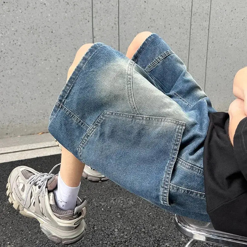 Simples Market baggy denim shorts with blue vintage wash and patchwork panels, men's casual streetwear
