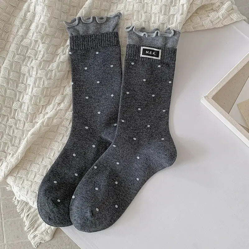 PreppySteps Womens Dots Pattern Frilly Long Socks Breathable Combed Cotton Everyday Comfort