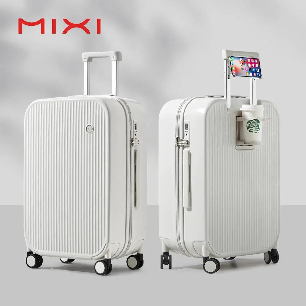 Mixi white hard-shell carry-on suitcase by Simples Market with cup holder and phone mount, 2pc set, spinner wheels