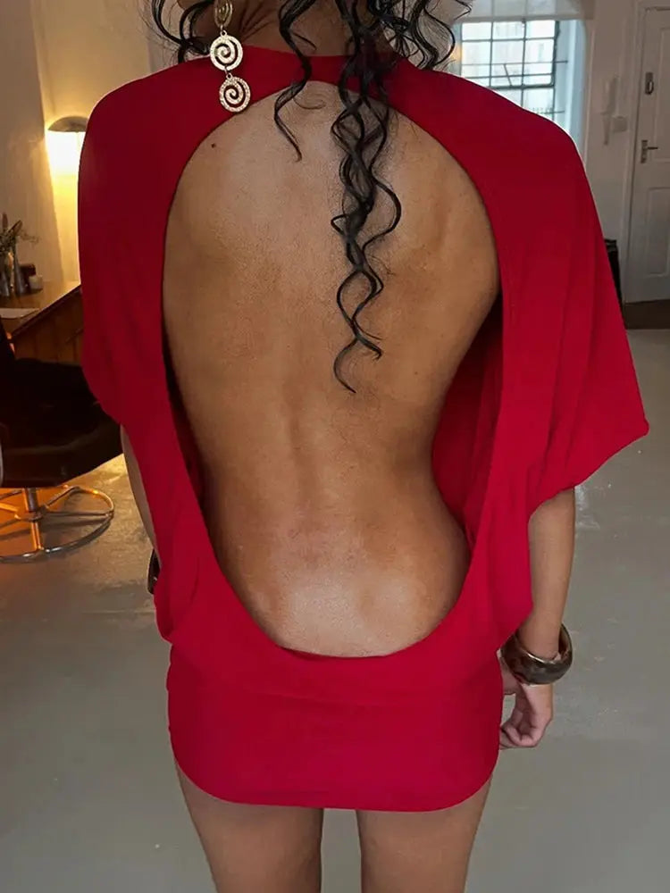Nibber O Neck Sexy Backless Mini Dress For Women Y2K Solid Trend Style