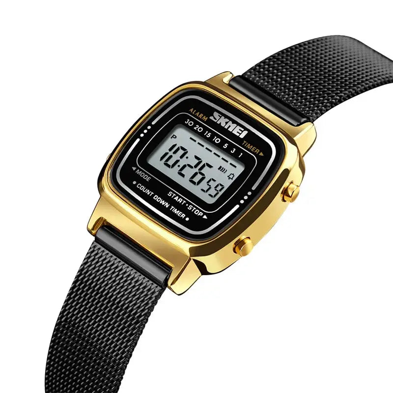Skmei Women Digital Chronograph Wristwatch Stainless Steel Strap 30M Water Resistant Fashion Timepiece