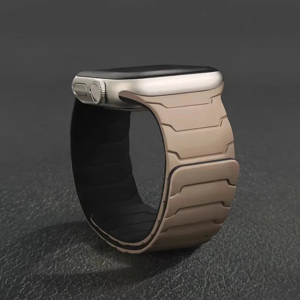 Silicone magnetic Apple Watch band by Simples Market in beige, fits 44–49mm.