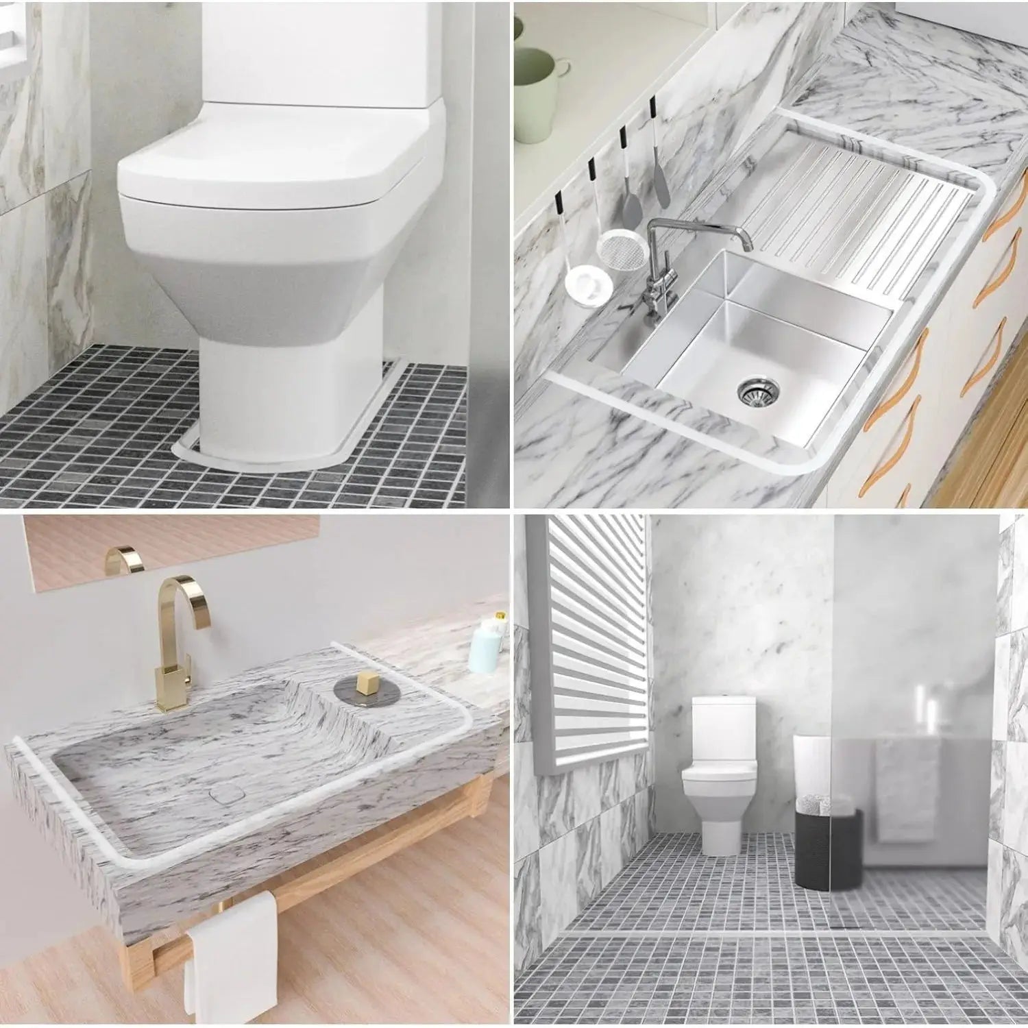 Collapsible shower water dam barrier by Simples Market; modern marble bathroom collage showing sink, faucet, and toilet