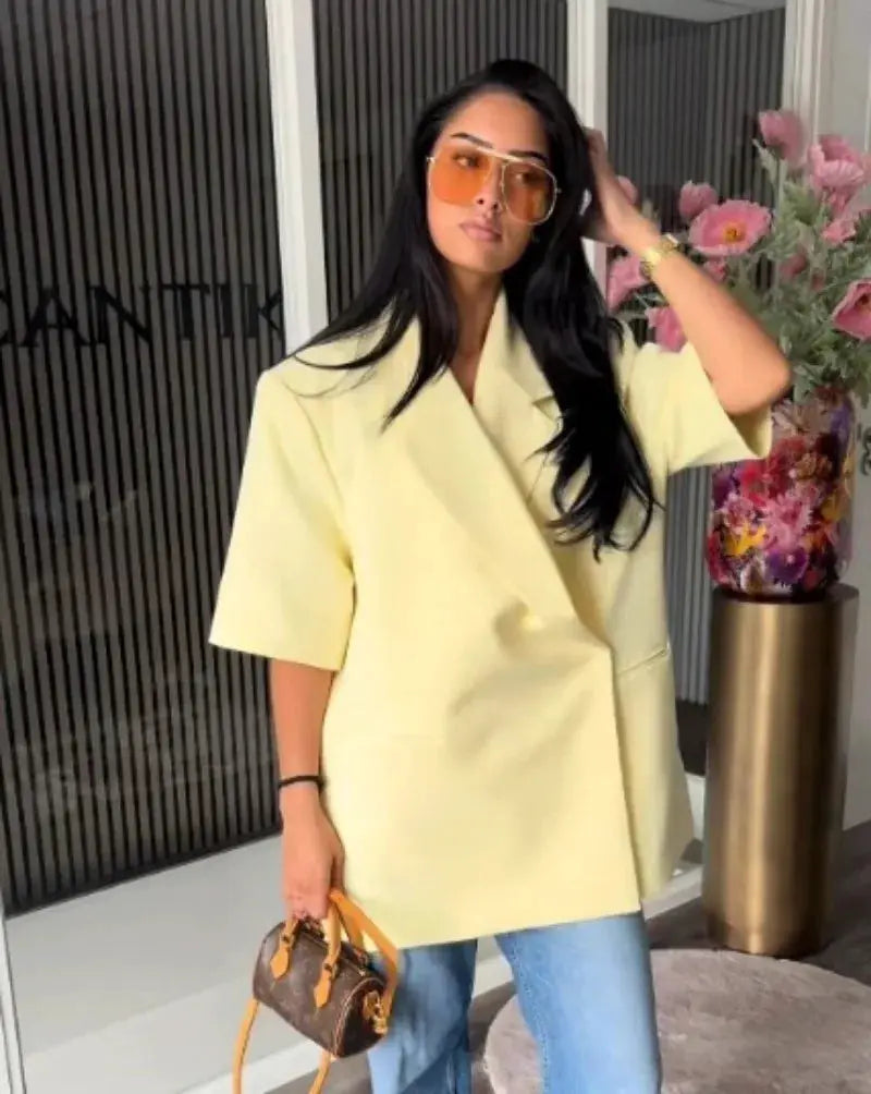 Ladies loose yellow blazer coat with turn-down collar and oversized fit