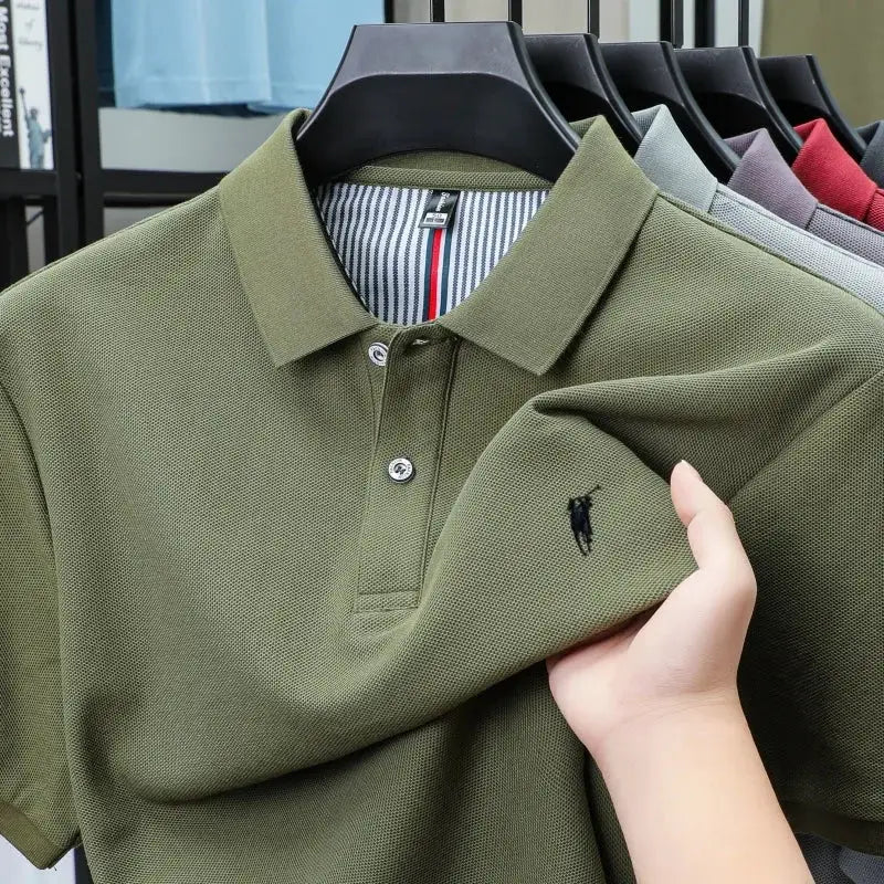 Olive green 100% cotton polo shirt with polo pony embroidery, set of 6 color polo shirts on display