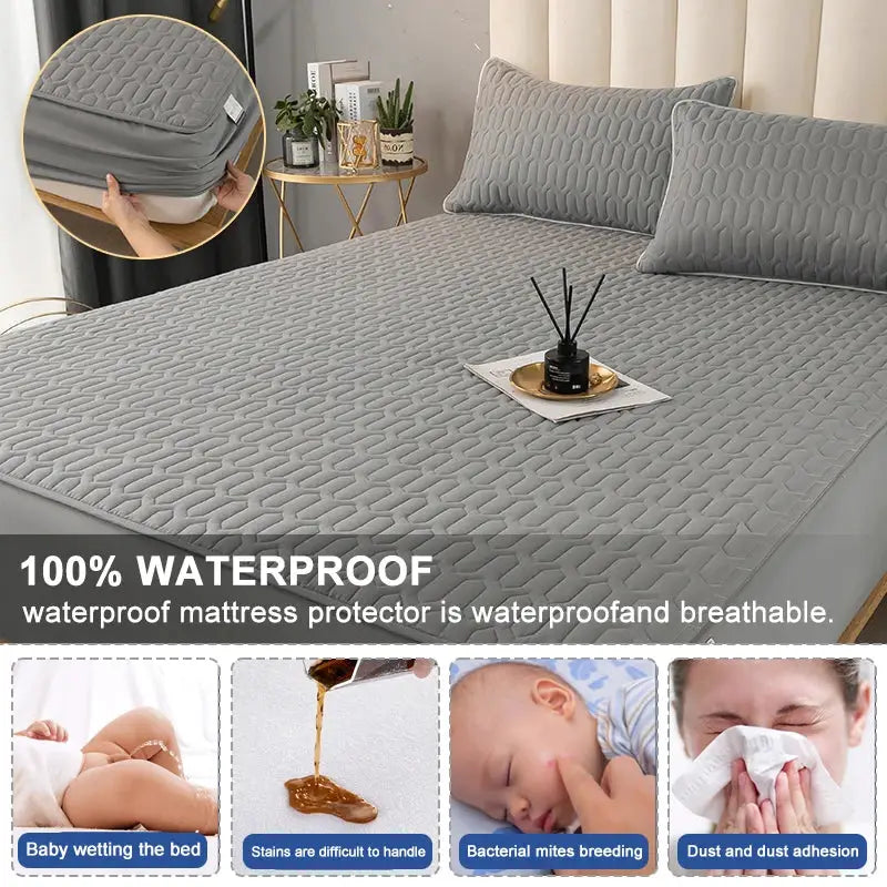 Simples Market waterproof quilted mattress protector in gray with fitted sheet style for 150/160/180x200 beds.