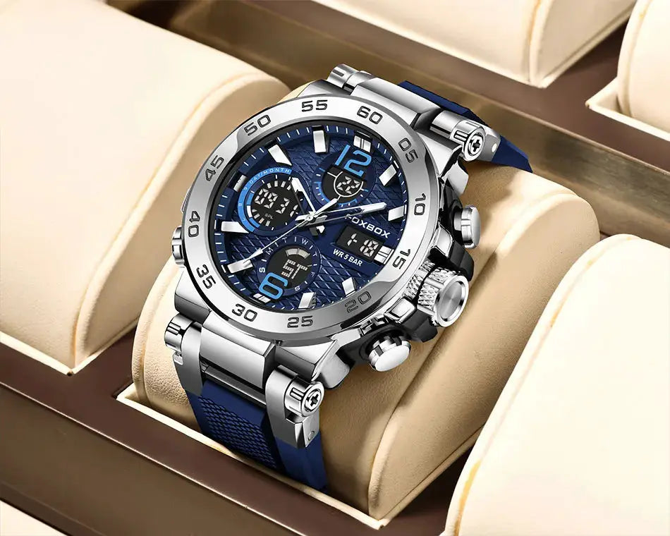 FOXBOX men's luxury diver watch with stainless steel case, blue dial and chronograph, blue strap