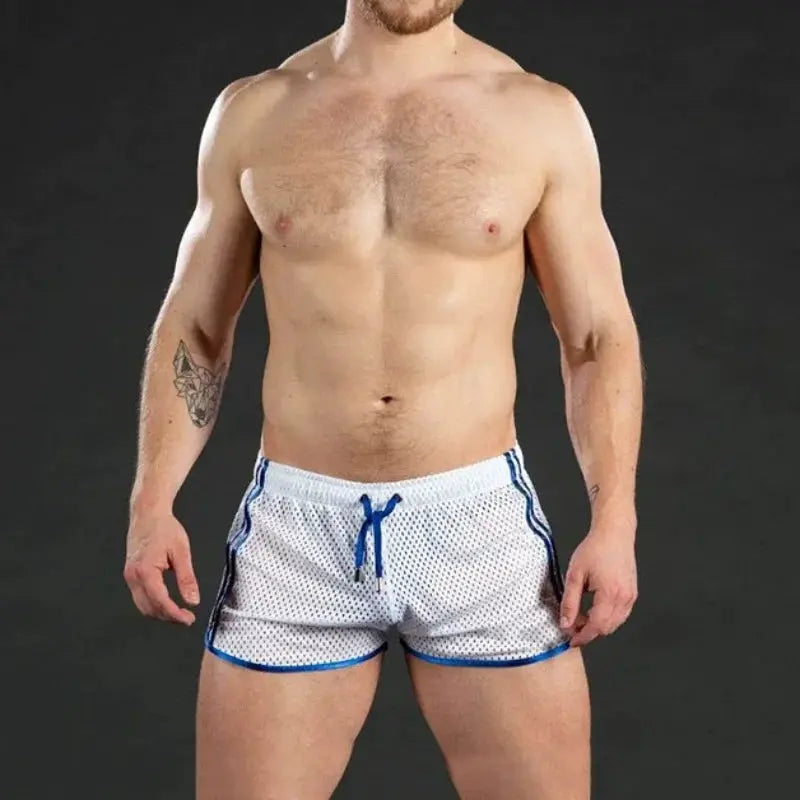 Men's white mesh running shorts with blue trim and drawstring; quick-dry breathable gym wear