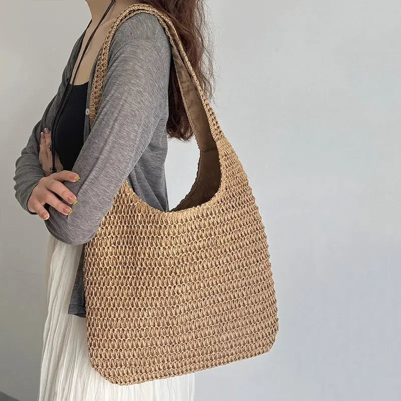 Rattan woven shoulder bag for women, beige straw tote with large capacity