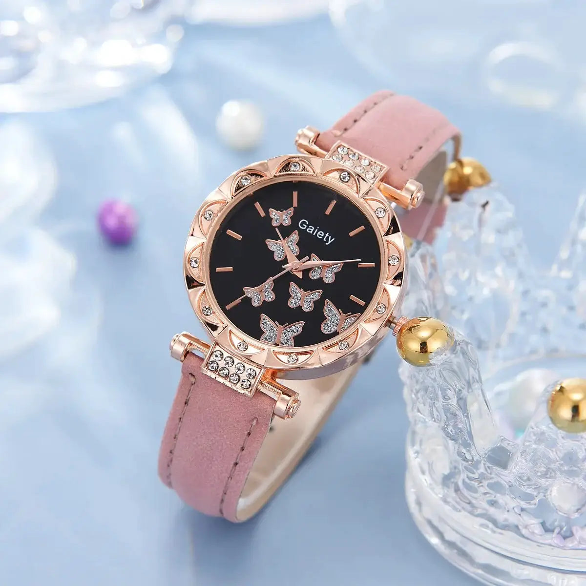 Butterfly Lane Watch Set Leather Strap Quartz Wristwatch With Matching Ring Necklace Earrings Bracelet