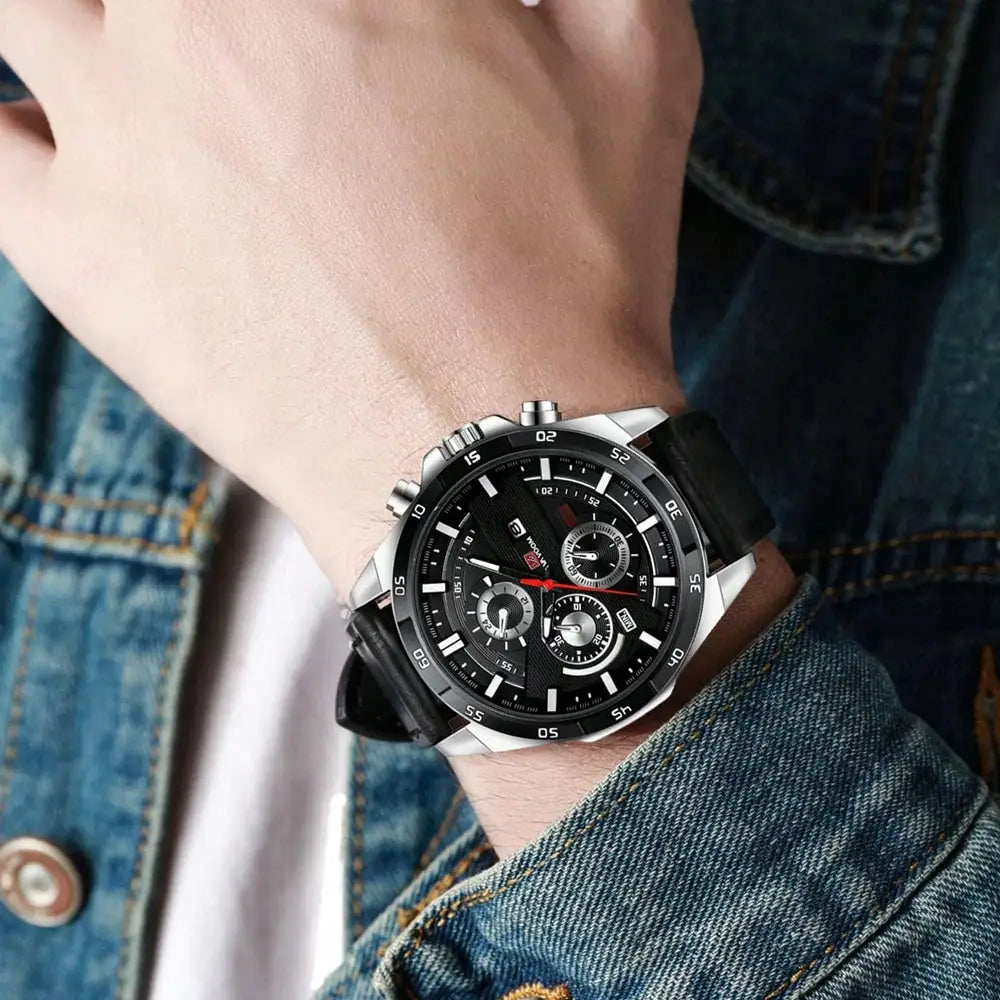 Men's 46mm Sports Style Leather Racing Band Quartz Calendar Watch For Precise Timekeeping