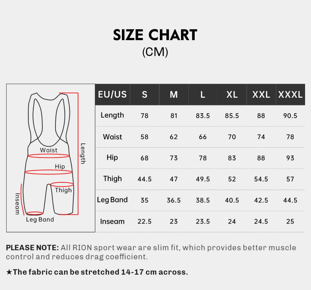 RION men's cycling shorts size chart with CM measurements showing waist, hip, thigh, leg band and inseam for S–XXXL, Simples Market.