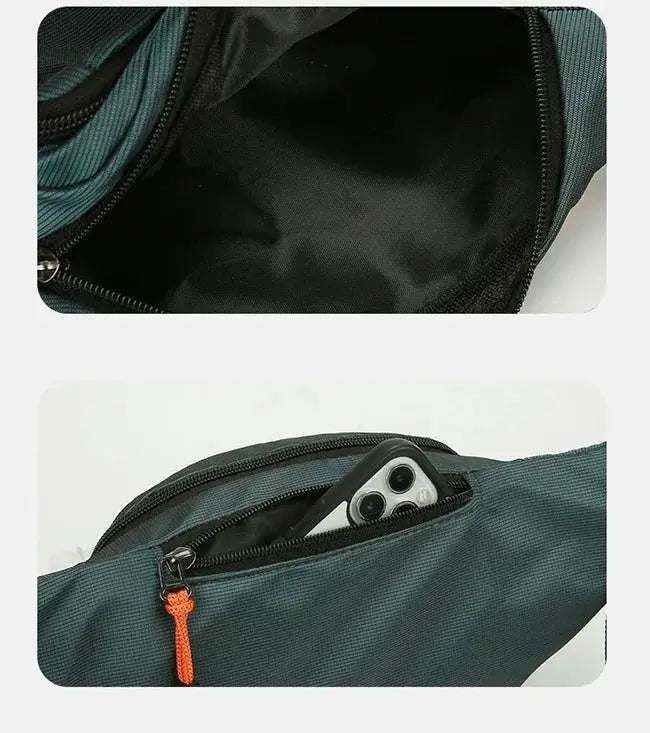 Oxford waterproof waist bag in teal; large-capacity fanny pack with phone pocket and orange zipper.