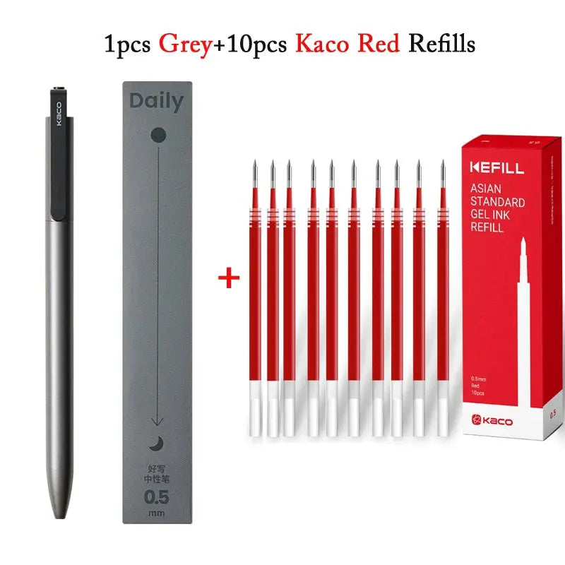 KACO gel pen with metal clip; black 0.5mm ink, includes 1 pen and 10 red refills
