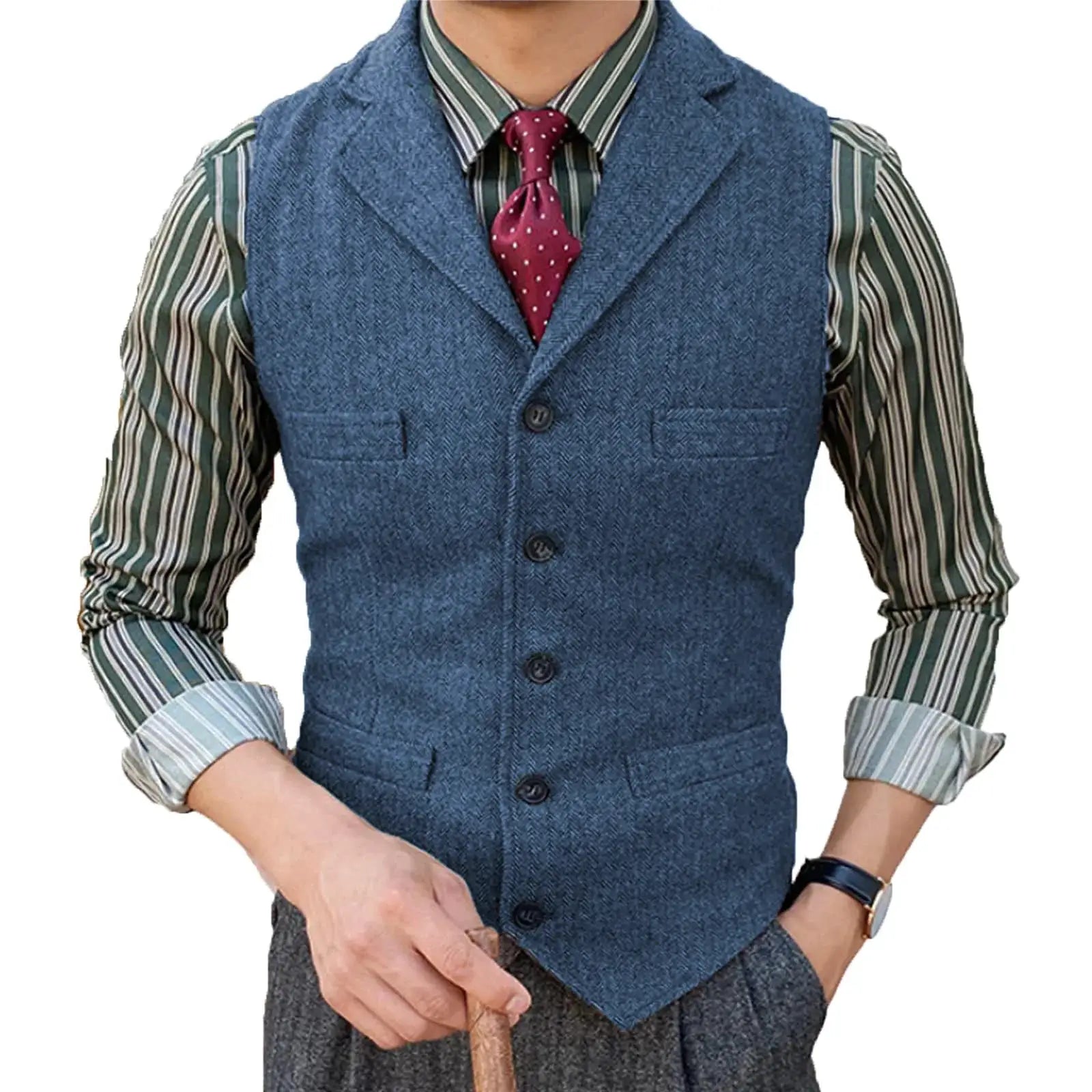Mens suit vest waistcoat by Simples Market; blue wool herringbone, V-neck lapel, formal business wear